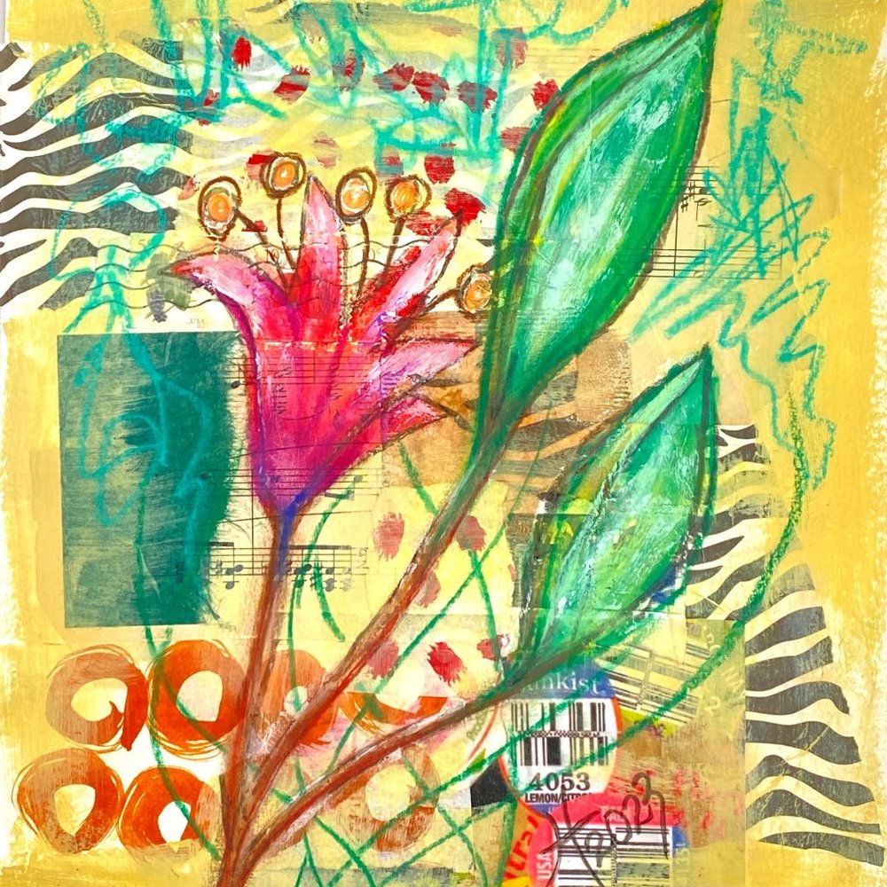 Reaching For The Sun Original Abstract Floral Wall Art Collage Painting 11x14in